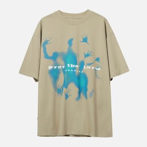 youthful graphic tee with useless prayers bold design 2112