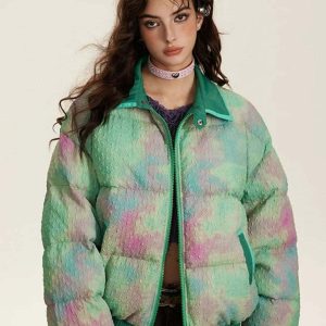 youthful green tie dye padded coat streetwear icon 7790