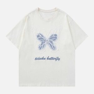 youthful hollow mesh tee with butterfly patch urban chic 7104