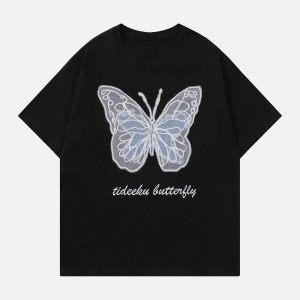 youthful hollow mesh tee with butterfly patch urban chic 7956