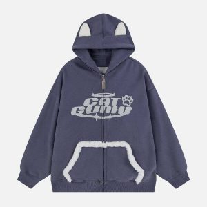 youthful letter print hoodie plush pocket zip design 8642