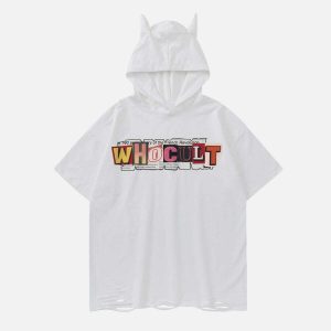 youthful letter print ripped hoodie tee dynamic streetwear 6524