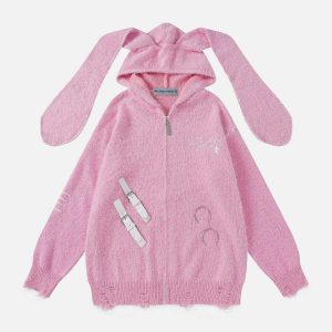 youthful rabbit ear hoodie distressed knit charm 1606