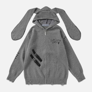 youthful rabbit ear hoodie distressed knit design 1878