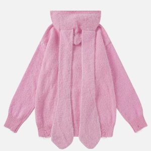 youthful rabbit ear hoodie distressed knit design 4859