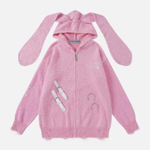 youthful rabbit ear hoodie distressed knit design 8584