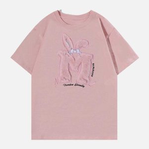 youthful rabbit ear print tee flocking design charm 7656