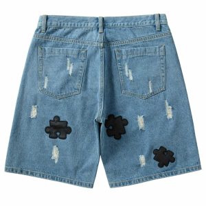 youthful ripped denim puzzle shorts   streetwear icon 2128