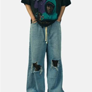 youthful ripped denim wideleg pants streetwise appeal 7776