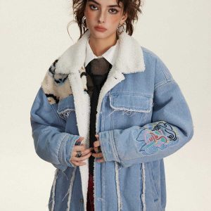 youthful sherpa denim jacket patchwork urban chic 6875