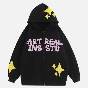 youthful star letter foam hoodie   zip up urban trend 7081