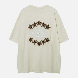 youthful star print tee with 3d embroidery urban trend 6594