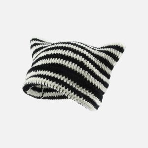 youthful stripe cat ear beanie   quirky urban charm 2591