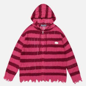 youthful stripe knit hoodie with distressed edge 6394