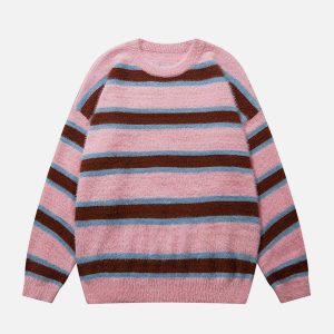 youthful striped jacquard sweater with edgy rips 7687