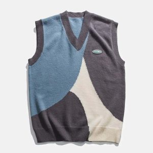 youthful v neck spliced sweater vest   streetwear revival 5232