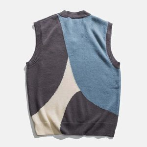 youthful v neck spliced sweater vest   streetwear revival 6019