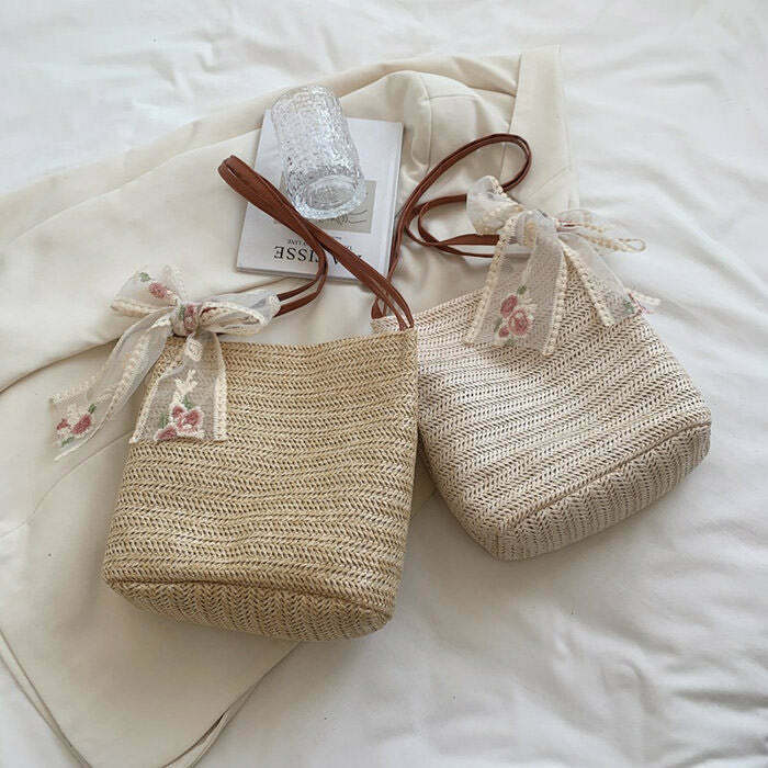 Cottagecore Aesthetic Straw Bag for Summer Outfits and Boho-Chic Looks