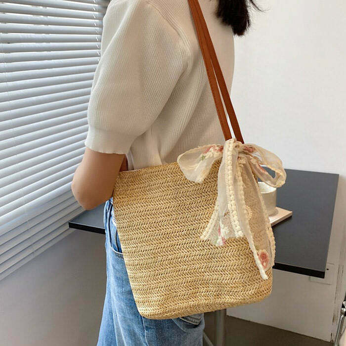Cottagecore Aesthetic Straw Bag for Summer Outfits and Boho-Chic Looks