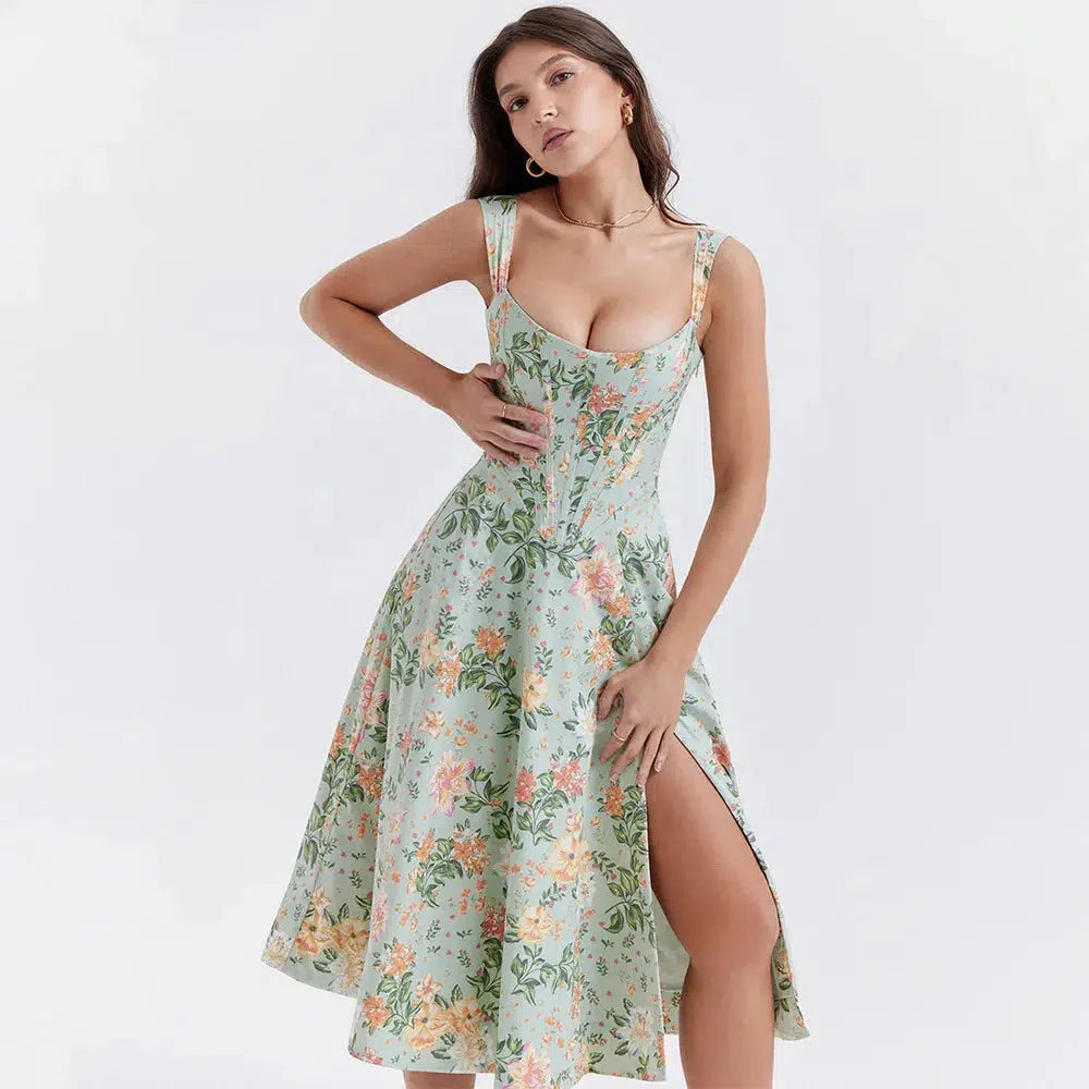 Cottagecore Floral Corset Midi Dress - Y2K Aesthetic Summer Outfit for Effortless Style