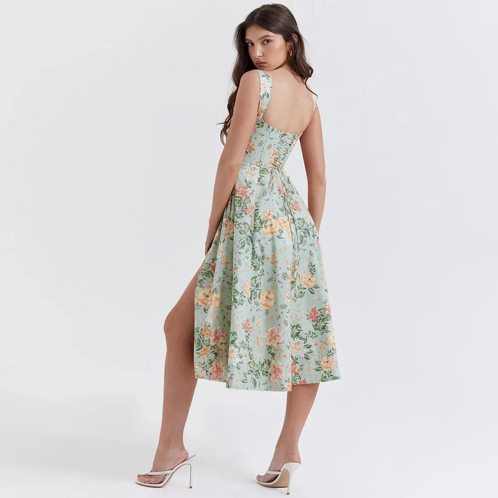 Cottagecore Floral Corset Midi Dress - Y2K Aesthetic Summer Outfit for Effortless Style