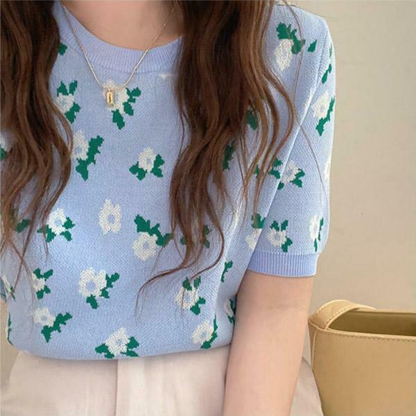 Cottagecore Floral Knit Tee - Y2K Inspired Summer Top for Effortless Aesthetic Style