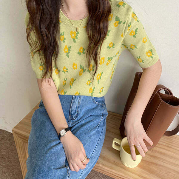 Cottagecore Floral Knit Tee - Y2K Inspired Summer Top for Effortless Aesthetic Style
