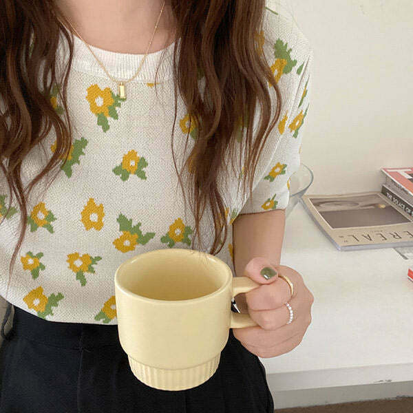 Cottagecore Floral Knit Tee - Y2K Inspired Summer Top for Effortless Aesthetic Style