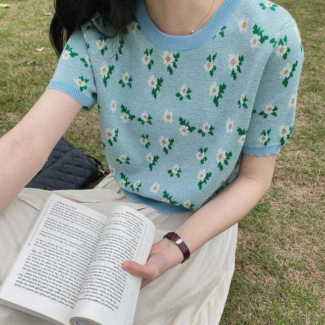 Cottagecore Floral Knit Tee - Y2K Inspired Summer Top for Effortless Aesthetic Style