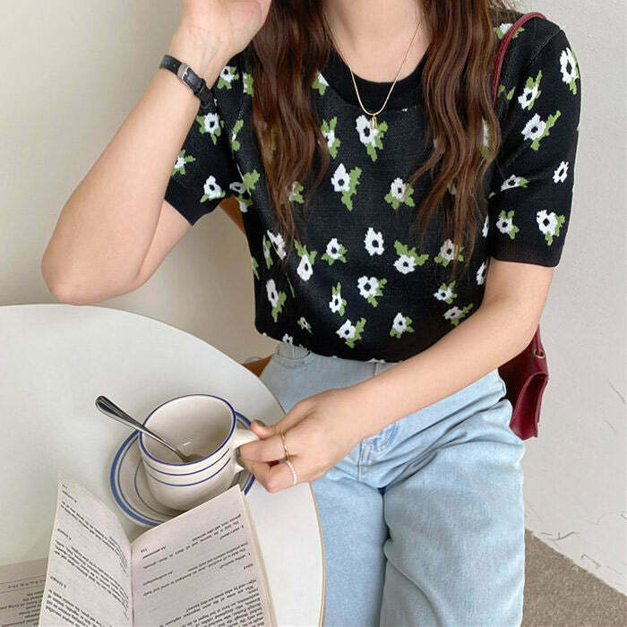 Cottagecore Floral Knit Tee - Y2K Inspired Summer Top for Effortless Aesthetic Style