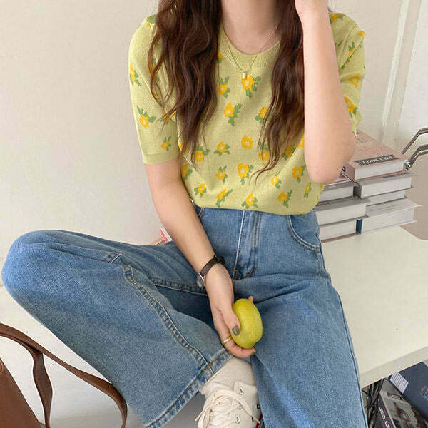 Cottagecore Floral Knit Tee - Y2K Inspired Summer Top for Effortless Aesthetic Style