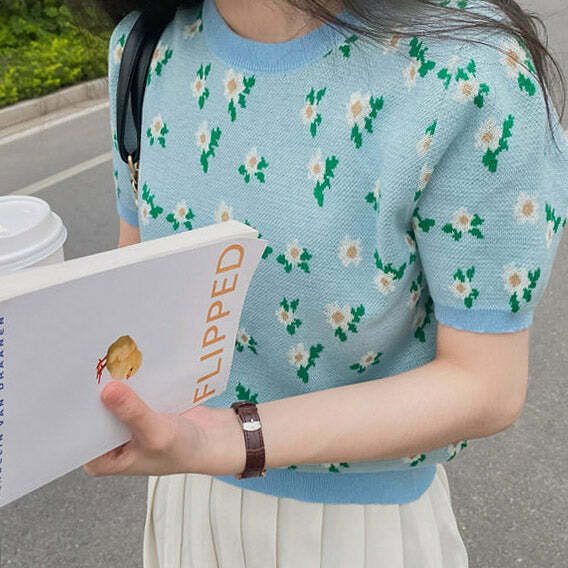 Cottagecore Floral Knit Tee - Y2K Inspired Summer Top for Effortless Aesthetic Style