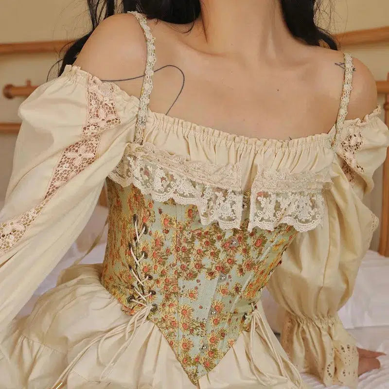 Cottagecore Floral Lace-Up Corset Top for Aesthetic Coquette Style
