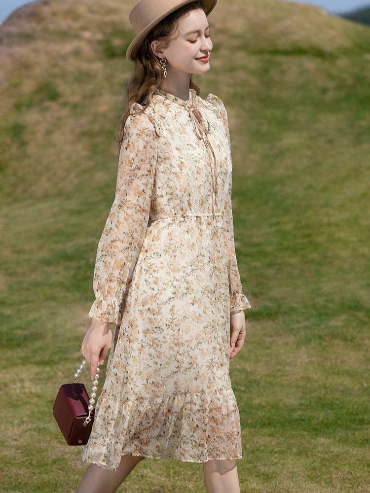 Cottagecore Lace Floral Midi Dress - Aesthetic Vintage Style Outfit