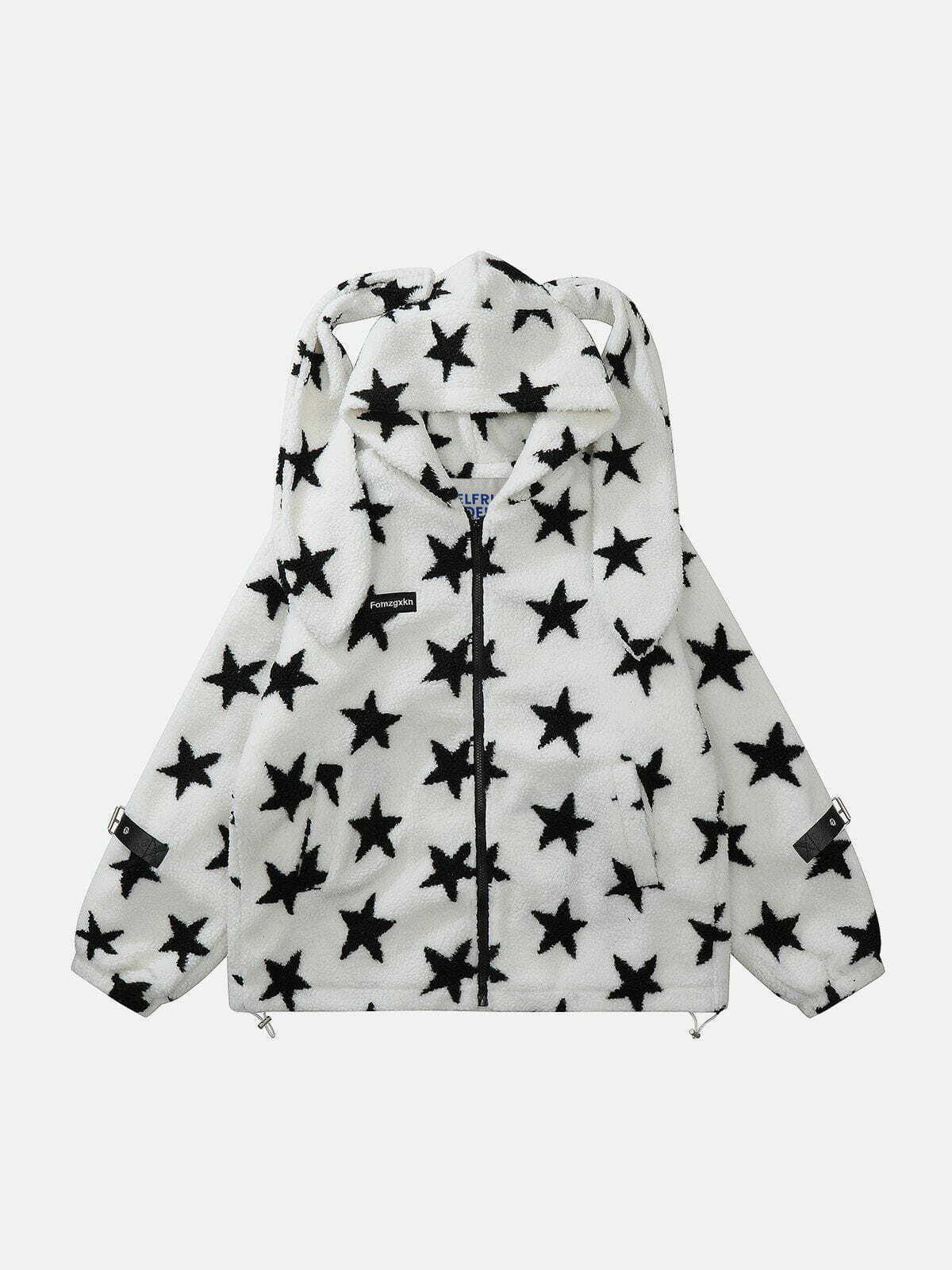 Cozy Multi Star Rabbit Ear Sherpa Coat - Y2K Grunge Style for Trendy Summer Outfits