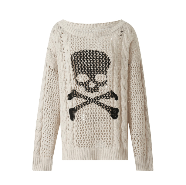 Cozy White Skeleton Knitted Sweater for Aesthetic Grunge Style