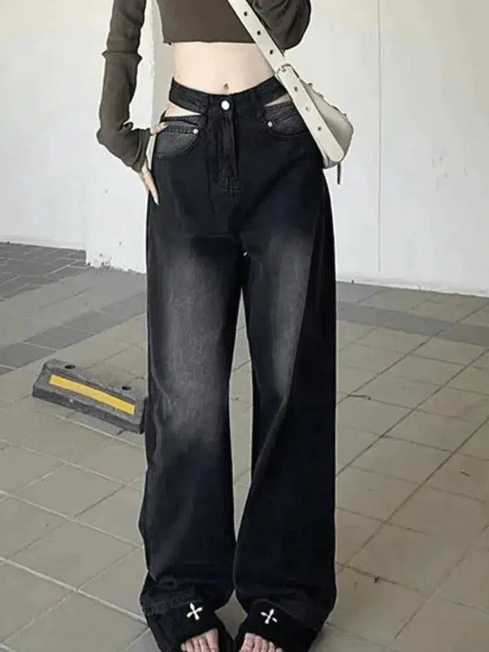 Distressed Black Boyfriend Jeans: Y2K Grunge Style with Cut-Out Details for Trendy Looks