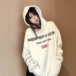 Edgy Y2K Fashion Oversized Hoodie with Reverse Text - 2000s Style