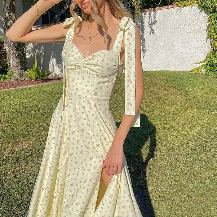 Floral Tie Strap Cottagecore Midi Dress - Embrace Y2K Aesthetic & Vintage Charm