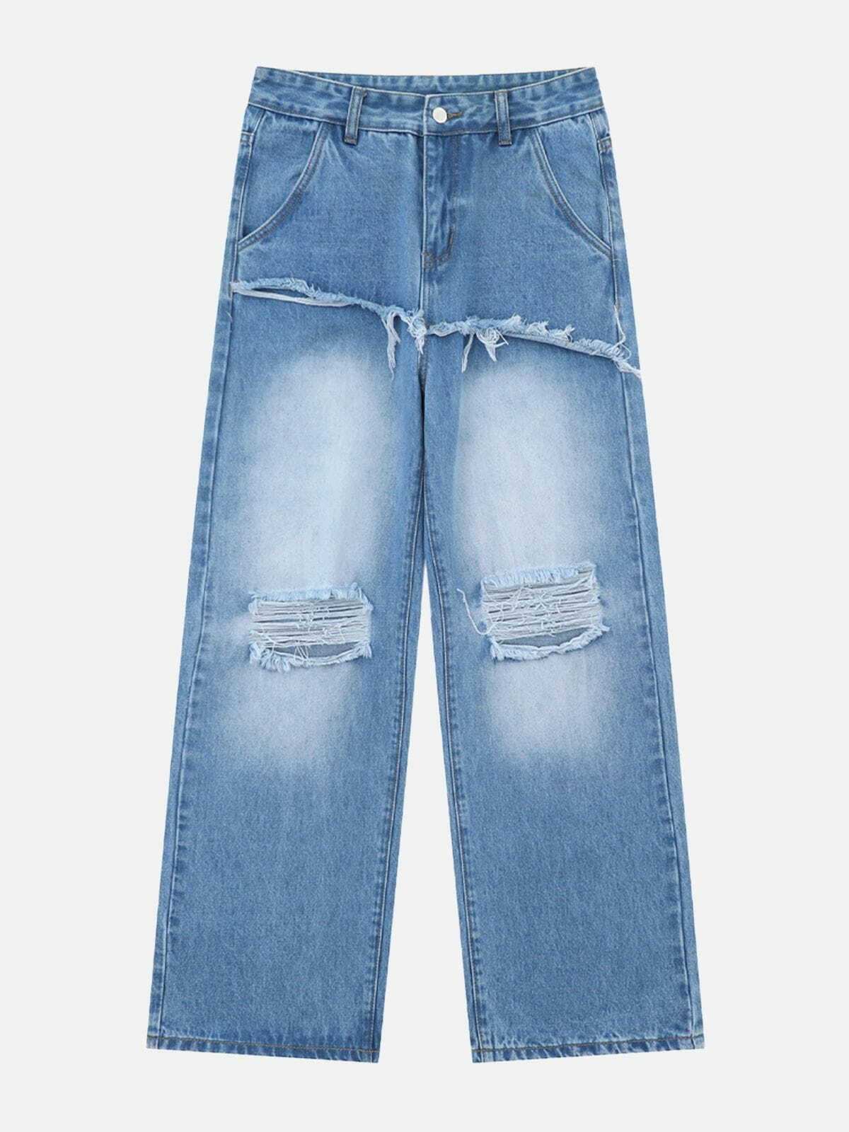 Fringe Distressed Straight-Leg Jeans - Y2K Grunge Style for Retro Summer Outfits