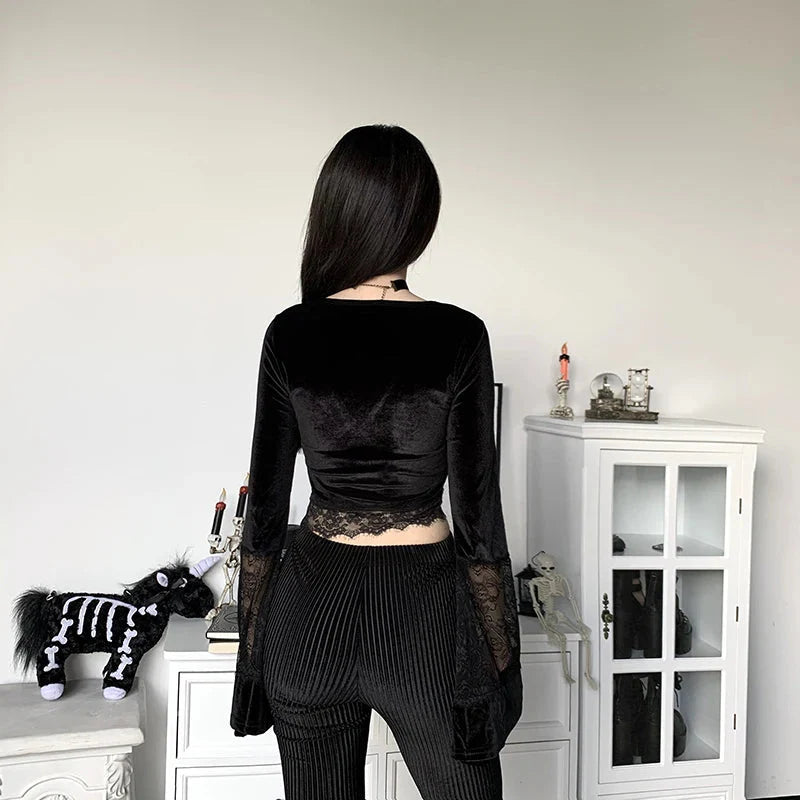 Gothic Lace Flare Cuff Crop Top - Y2K Grunge Aesthetic for Trendy Summer Outfits