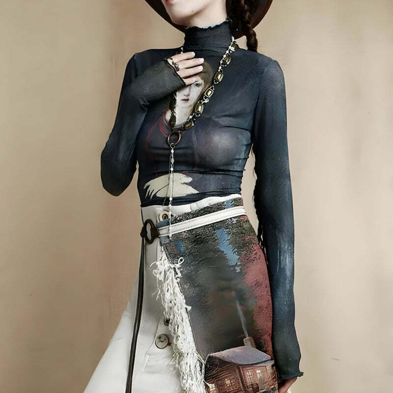 Gothic Mesh Top for Women - Y2K Grunge Style with Dark Aesthetic Vibes