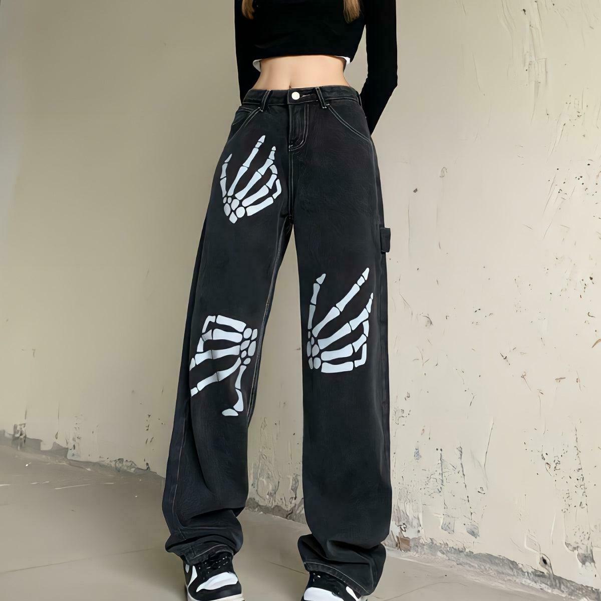 Grunge Skeleton Hand Print Baggy Jeans - Y2K Aesthetic Ripped Denim for Edgy Style