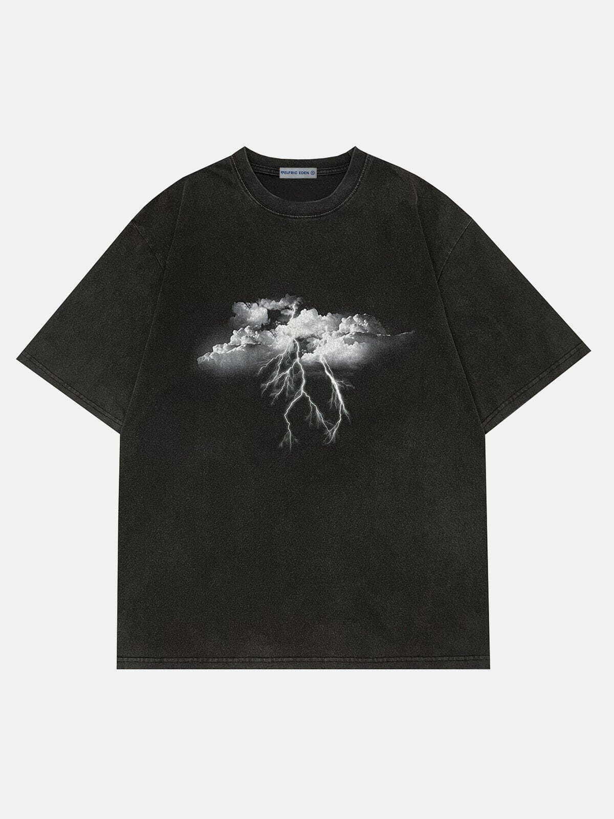 Lightning Print Washed Tee - Y2K Grunge Summer Outfit for Trendy Women