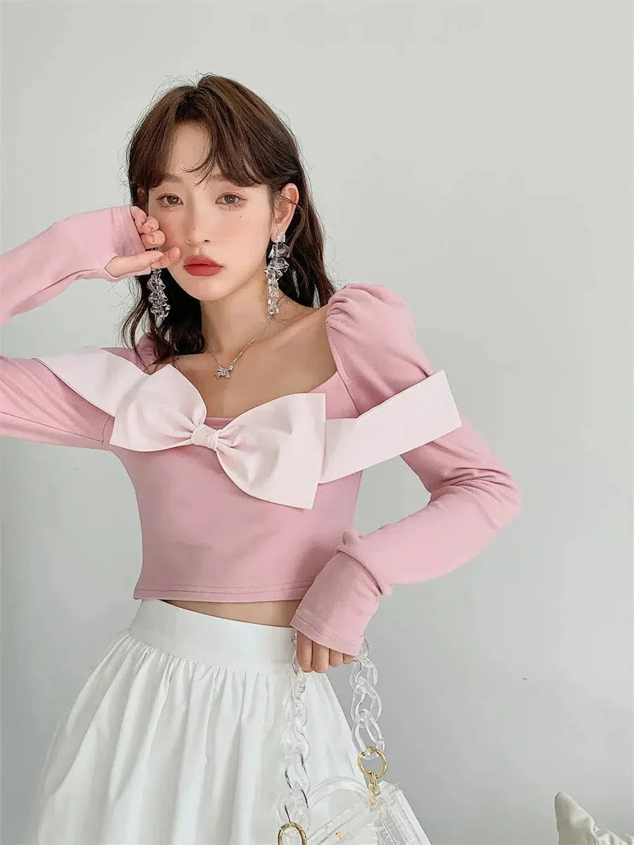 Puff Sleeve Bow Crop Top - Y2K Inspired Summer Fashion for Trendy Outfits