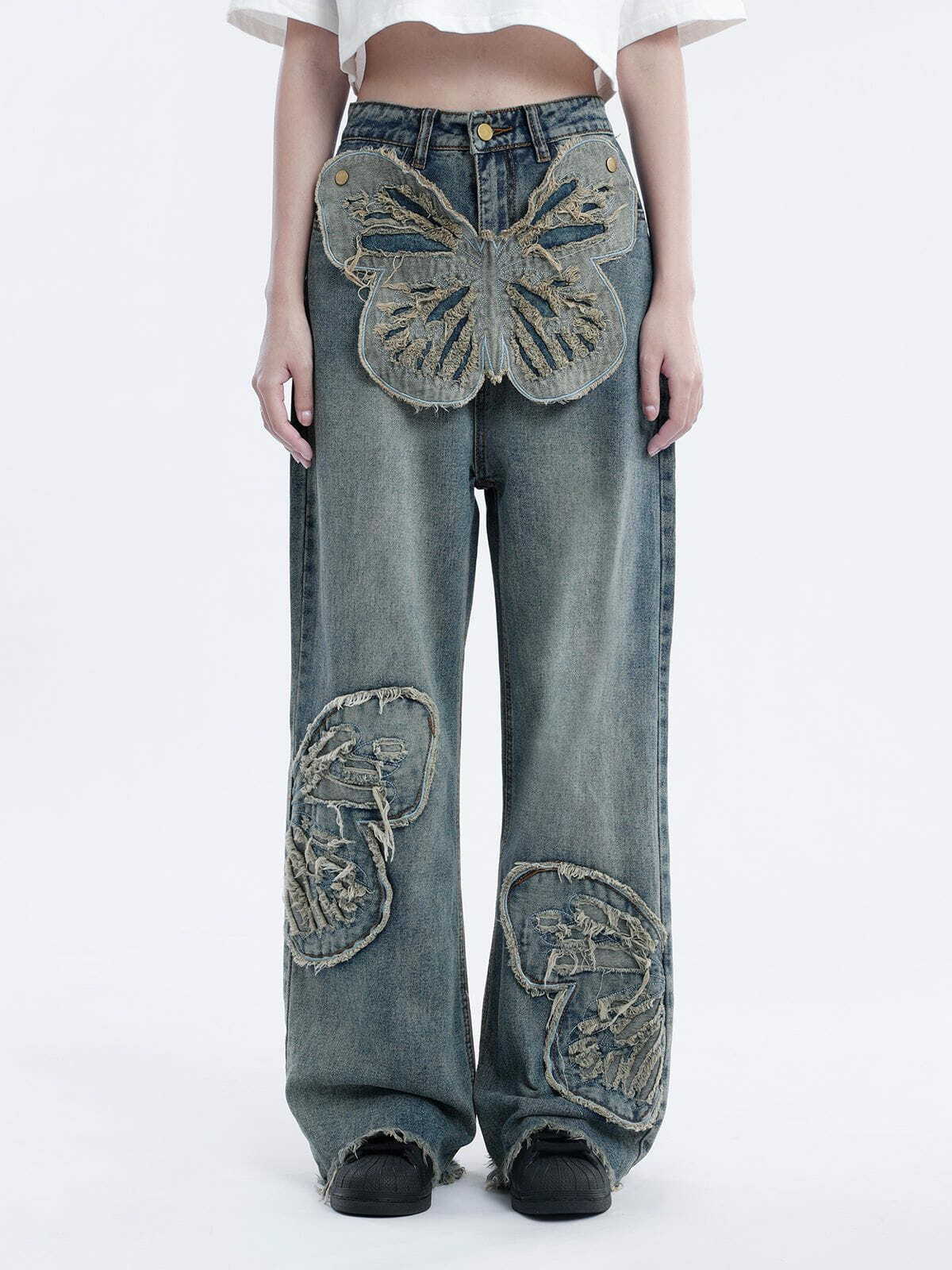 Removable Butterfly Loose Jeans - Y2K Grunge Style for Effortless Summer Outfits