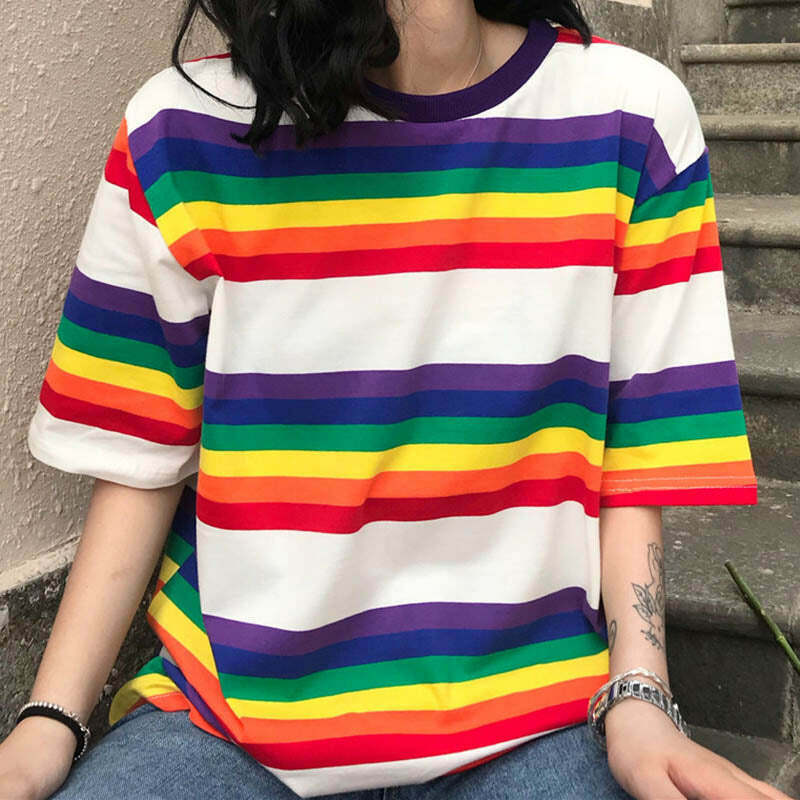 Retro 90s Kids Rainbow Graphic Tee - Y2K Aesthetic Summer Outfit Essential
