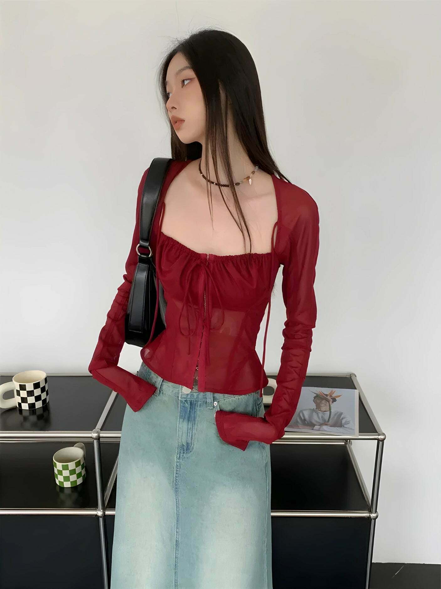 Sheer Ruched Lace-Up Top for Y2K Aesthetic, Perfect for Summer Outfits and Grunge Style