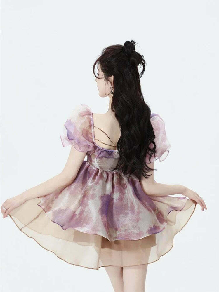 Soft Girl Puff Sleeve Layered Mini Dress - Y2K Aesthetic Summer Fashion for Effortless Style