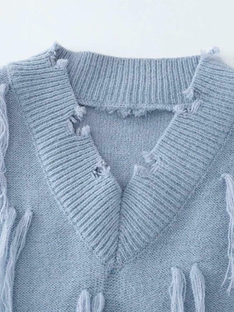 Trendy Ripped Tasseled Sweater Vest for Y2K Aesthetic and Grunge Style Outfits
